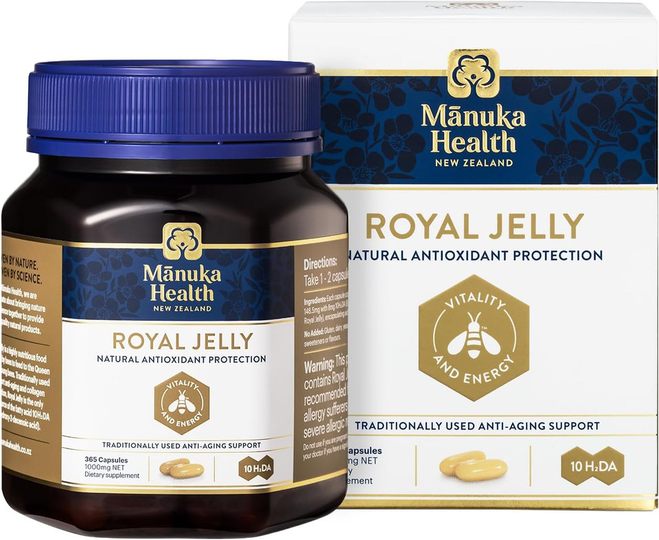 Manuka Health Royal Jelly Capsules, 1000Mg Net - 365 Count (6-Month Supply) - Traditional Anti Aging Supplement From New Zealand Manuka Health Royal Jelly Capsules, 1000Mg Net - 365 Count (6-Month Supply) - Traditional Anti Aging Supplement From New Zealand