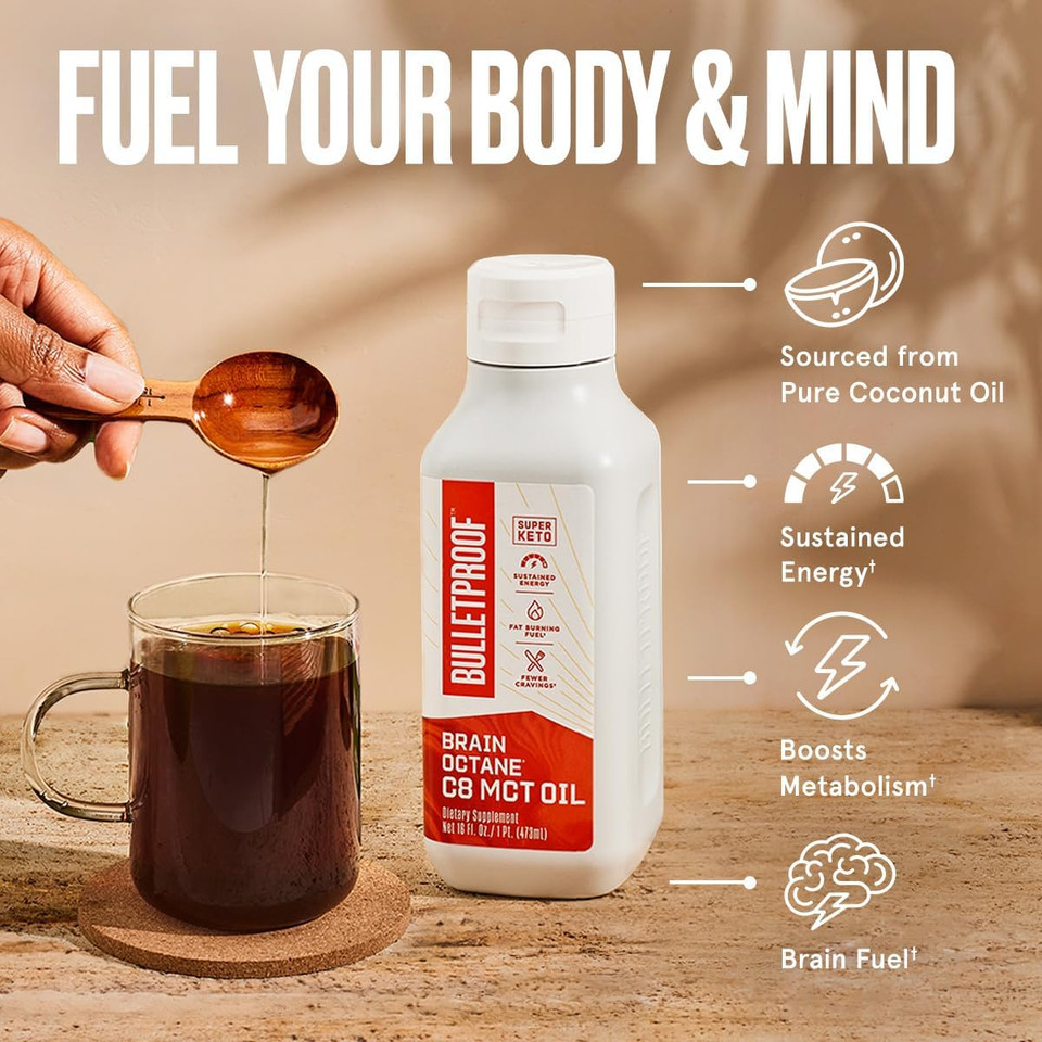 Bulletproof Coconut Brain Octane C8 Mct Oil, 16 Ounces, Premium Keto Supplement For Sustained Energy And Fewer Cravings, Brain And Body Fuel, Unflavored, Add To Coffee And Smoothies