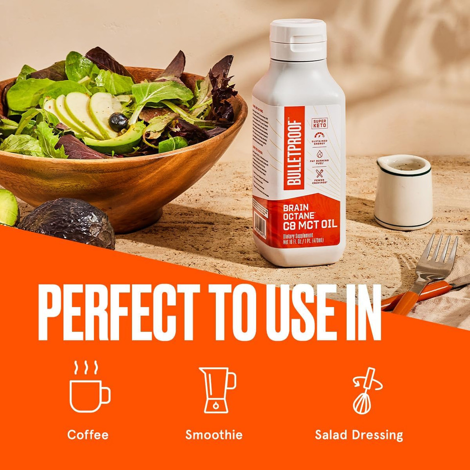 Bulletproof Coconut Brain Octane C8 Mct Oil, 16 Ounces, Premium Keto Supplement For Sustained Energy And Fewer Cravings, Brain And Body Fuel, Unflavored, Add To Coffee And Smoothies