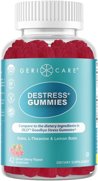 Gericare Destress Gummies With Gaba, L-Theanine & Lemon Balm  Mixed Berry Flavor  42 Count  Supports Relaxation & Mental Clarity  Non-Gmo, Gluten-Free, Vegan