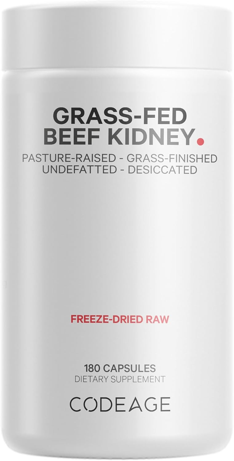 Codeage Grass Fed Beef Kidney Supplement - Freeze Dried, Non-Defatted, Desiccated Glandulars Nutrition Bovine Pills  Pasture Raised Beef Vitamins - Non-Gmo -180 Capsules