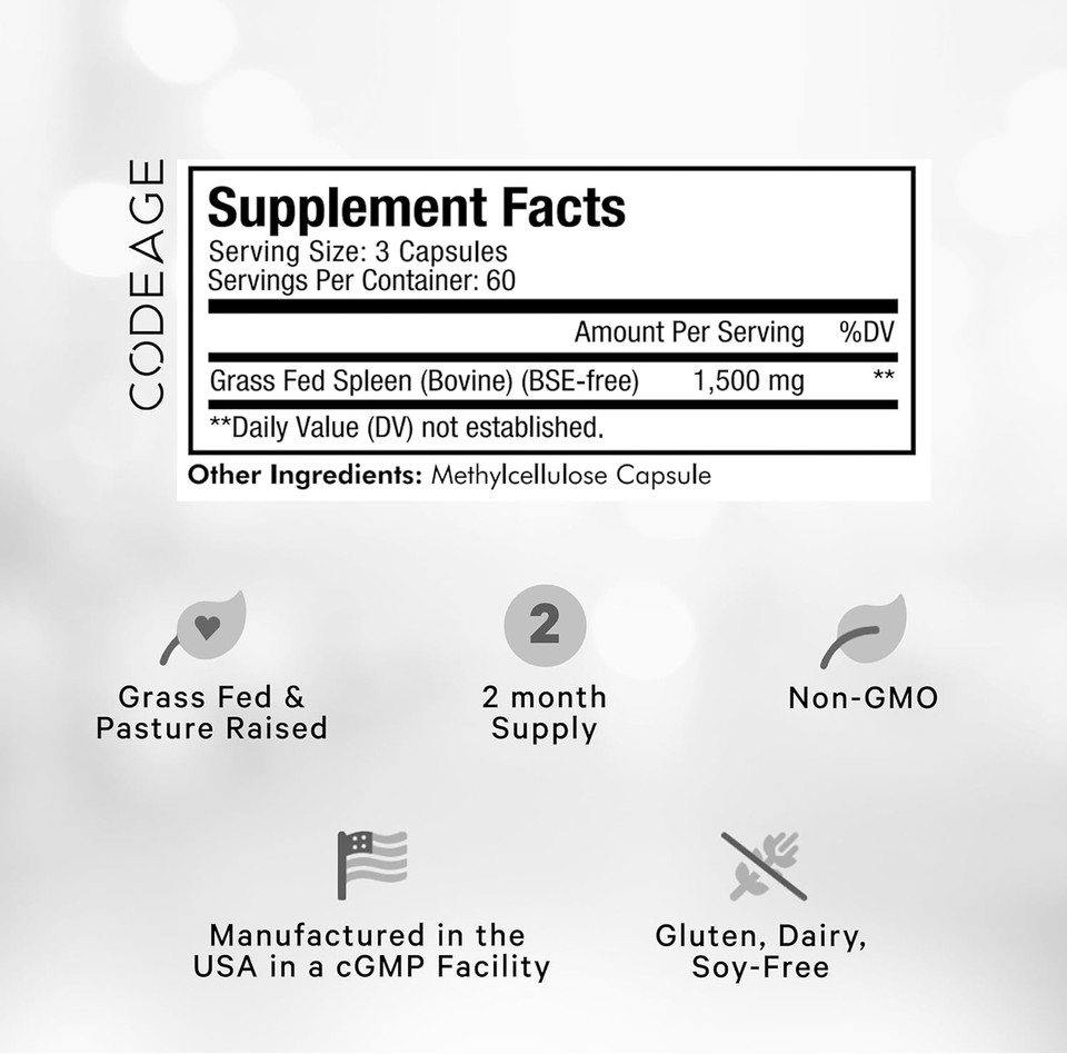 Codeage Grass Fed Beef Spleen Supplement - 2-Month Supply - Freeze Dried, Non-Defatted, Desiccated Bovine Pills Glandulars Meat  Pasture Raised Beef Vitamins For Spleen -180 Capsules Codeage Grass Fed Beef Spleen Supplement - 2-Month Supply - Freeze Dried, Non-Defatted, Desiccated Bovine Pills Glandulars Meat  Pasture Raised Beef Vitamins For Spleen -180 Capsules