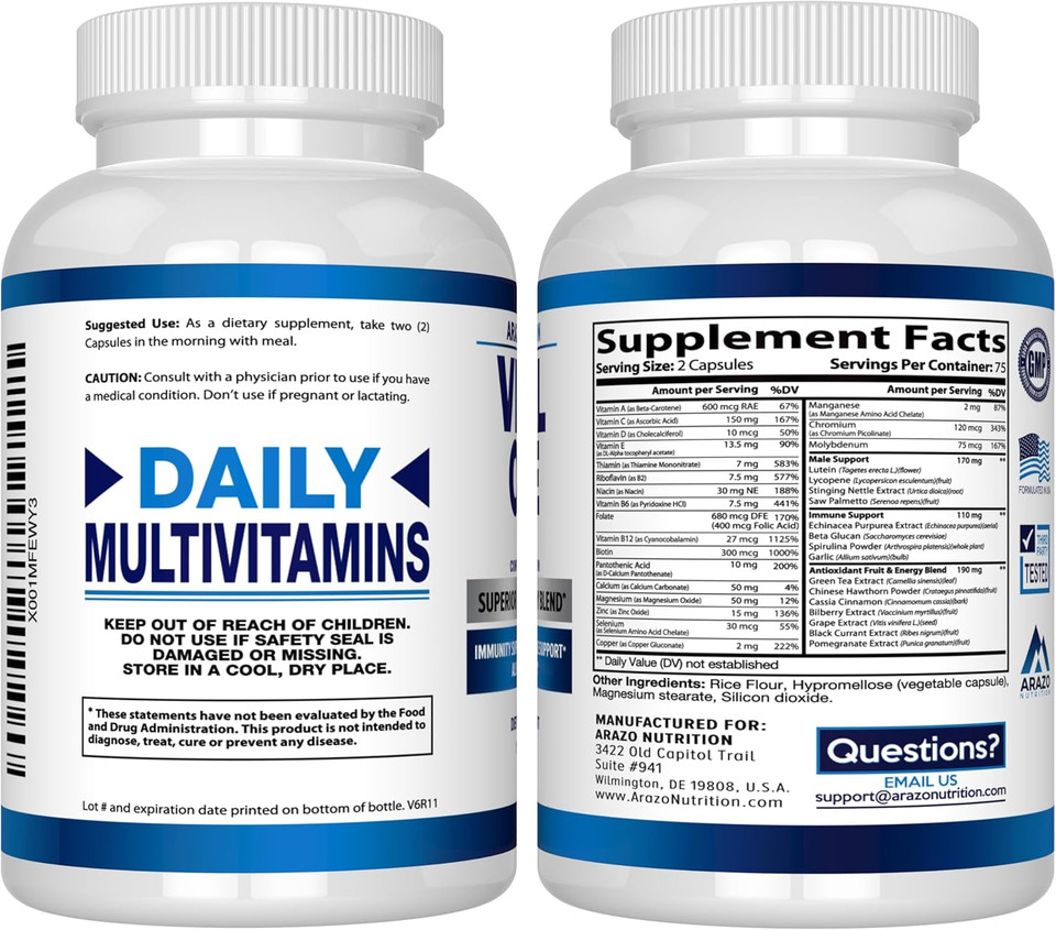 Arazo Nutrition Vital One Multivitamin For Men  Daily Wholefood Supplement - 150 Vegan Arazo Nutrition Vital One Multivitamin For Men  Daily Wholefood Supplement - 150 Vegan