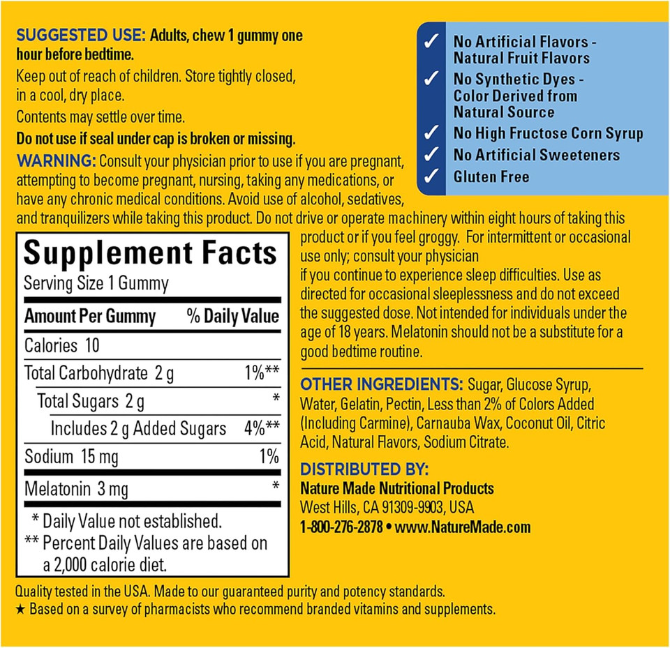 Nature Made Time Release Melatonin 3Mg Gummies, 100% Drug Free Sleep Aid For Adults, 60 Melatonin Gummies, 60 Day Supply Nature Made Time Release Melatonin 3Mg Gummies, 100% Drug Free Sleep Aid For Adults, 60 Melatonin Gummies, 60 Day Supply