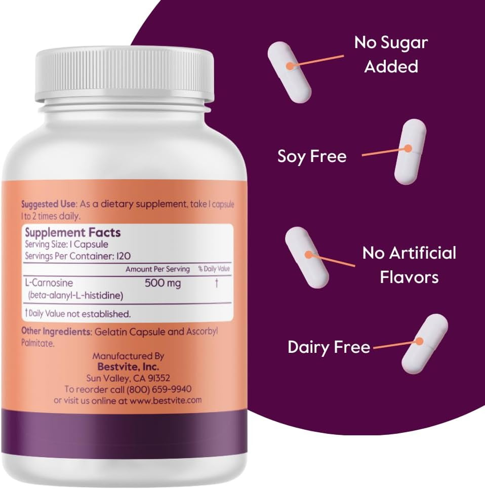 Bestvite L-Carnosine 500Mg Per Capsule (120 Capsules) No Fillers - No Stearates - Non Gmo - Gluten Free
