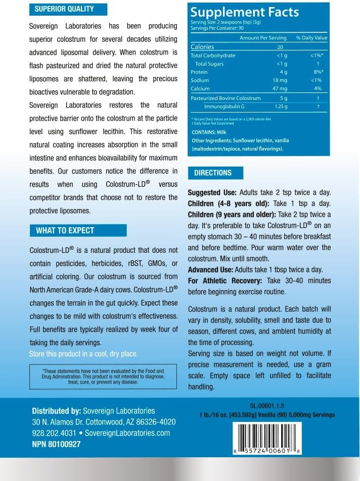 Colostrum-Ld Liposomal Delivery - Colostrum Powder - Gluten-Free, Lactose-Reduced - 34 Servings - Sovereign Laboratories - 6 Oz Vanilla