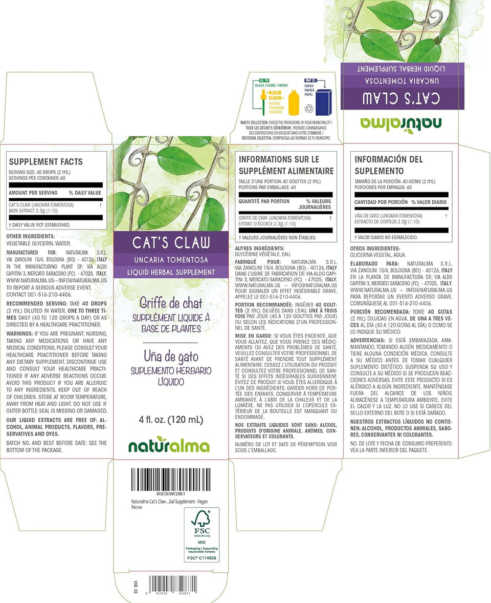 Naturalma Cat'S Claw (Uncaria Tomentosa) Bark Alcohol-Free Tincture - 16.9 Fl Oz Liquid Extract In Drops - Herbal Supplement - Vegan
