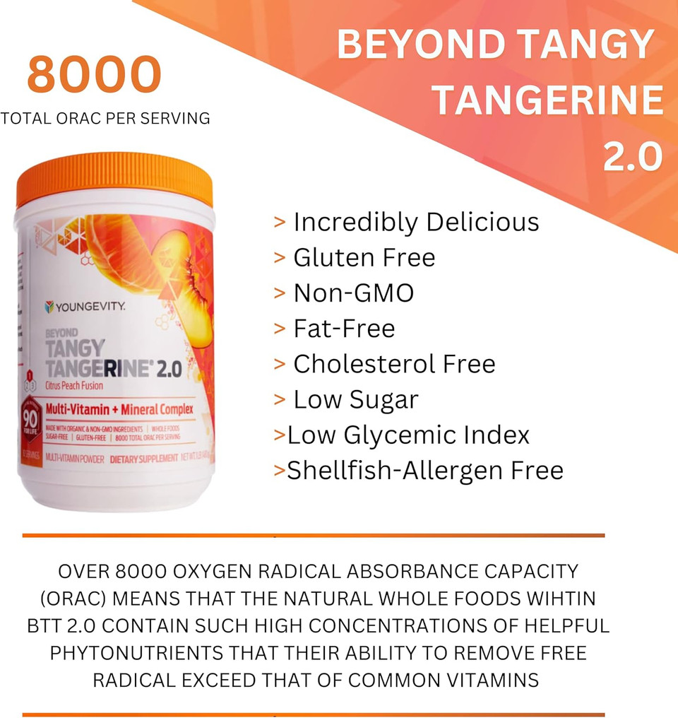 Youngevity Beyond Tangy Tangerine 2.0 Citrus Peach Fusion Multi-Vitamin & Mineral Complex - Made With Natural & Whole Foods | 8,000 Orac (6-Pack)