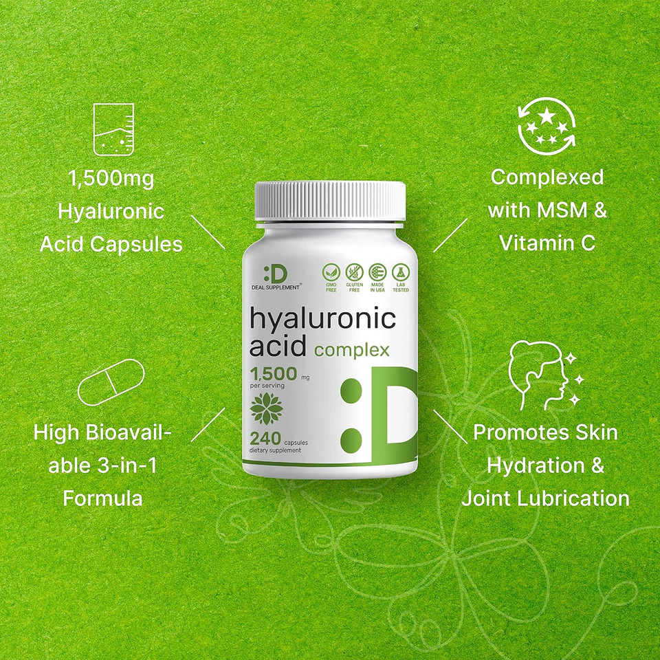 Deal Supplement Hyaluronic Acid Supplements 1,500Mg  240 Capsules, With Msm & Vitamin C  Pure 95% | Non-Gmo + Plant Based Ha  Supports Healthy Joints, Bones, Connective Tissue, & Skin Hydration Deal Supplement Hyaluronic Acid Supplements 1,500Mg  240 Capsules, With Msm & Vitamin C  Pure 95% | Non-Gmo + Plant Based Ha  Supports Healthy Joints, Bones, Connective Tissue, & Skin Hydration