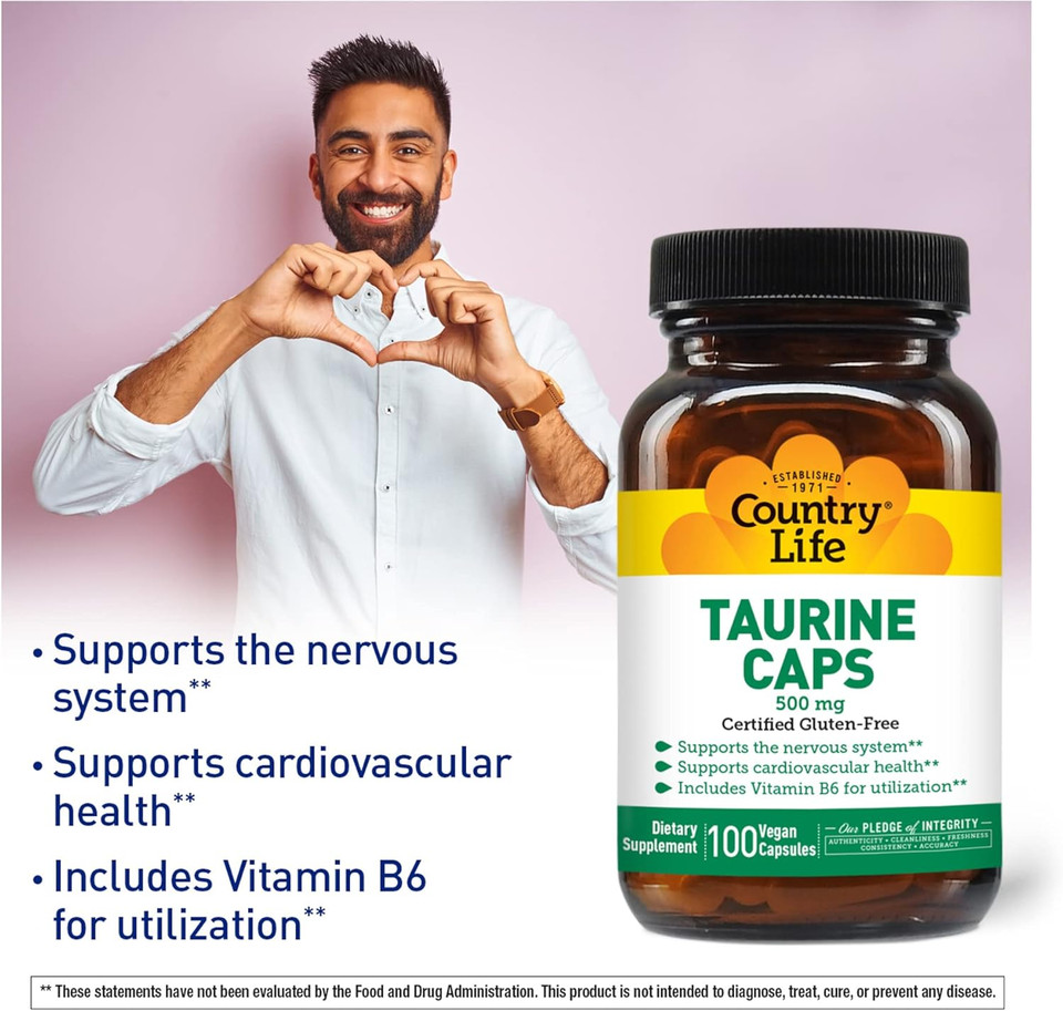 Country Life Taurine Supplement 500Mg - Supports Cardiovascular And Nervous System- 100 Capsules