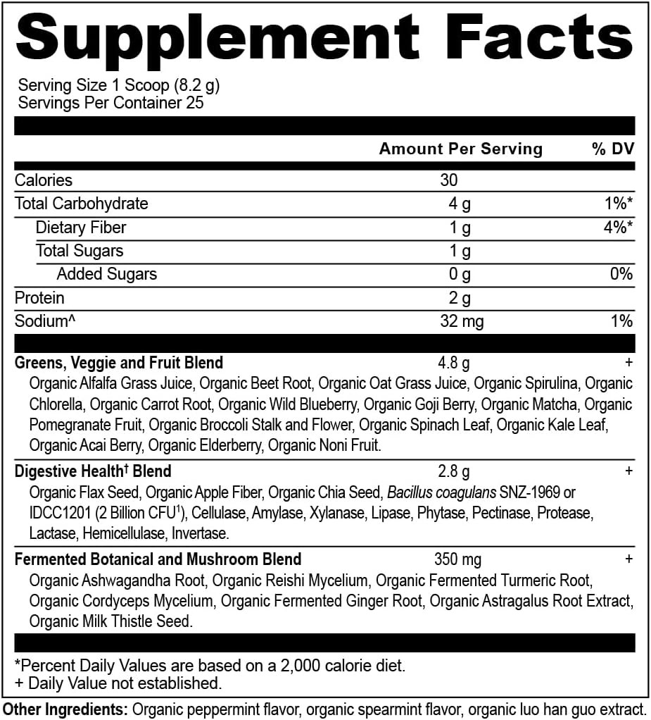 Ancient Nutrition Supergreens Powder With Probiotics, Organic Peppermint Flavor Greens, Made From Real Fruits, Vegetables And Herbs, For Digestive And Energy Support, 25 Servings, 7.23Oz