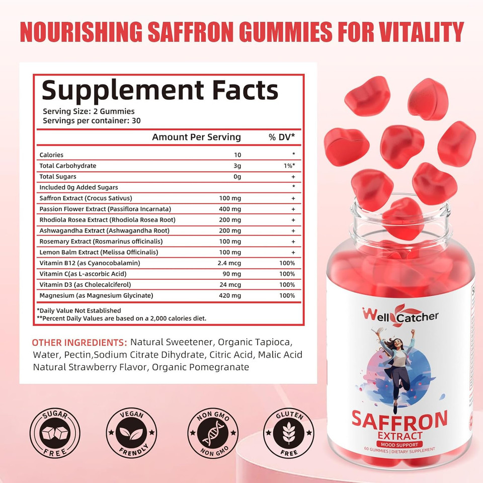 Saffron Gummies For Adults Kids - Organic Saffron Extract Supplement For Men Women Sugar Free For Mood Balance Support Better Sleep Metabolism With Vitamins Non Gmo Strawberry Flavored 30 Days Supply