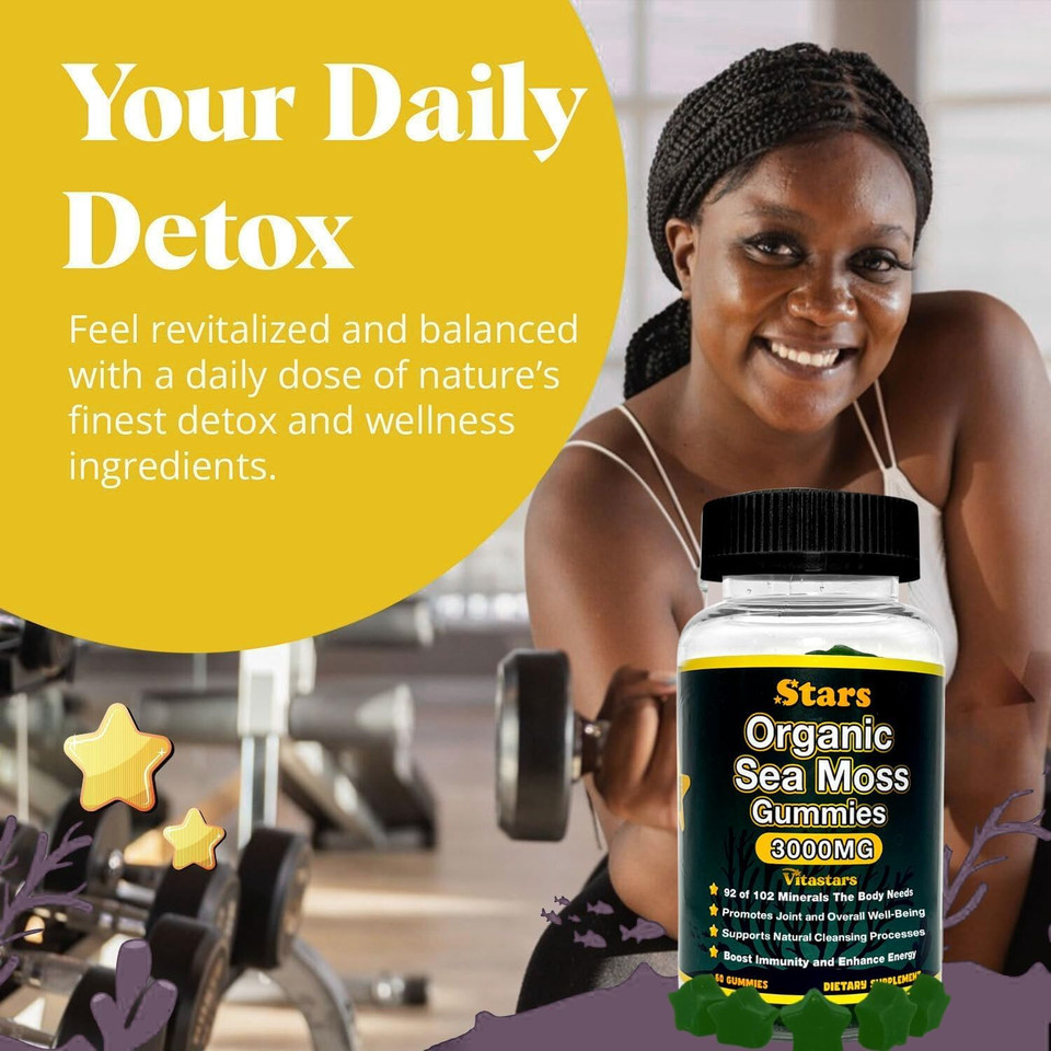 Organic Sea Moss Gummies, Infused With Apple Cider Vinegar, Burdock Root & Bladderwrack, Seamoss Gut Health & Immune Support Supplements For Men And Women, 3000 Mg, 60 Star Shaped Gummies