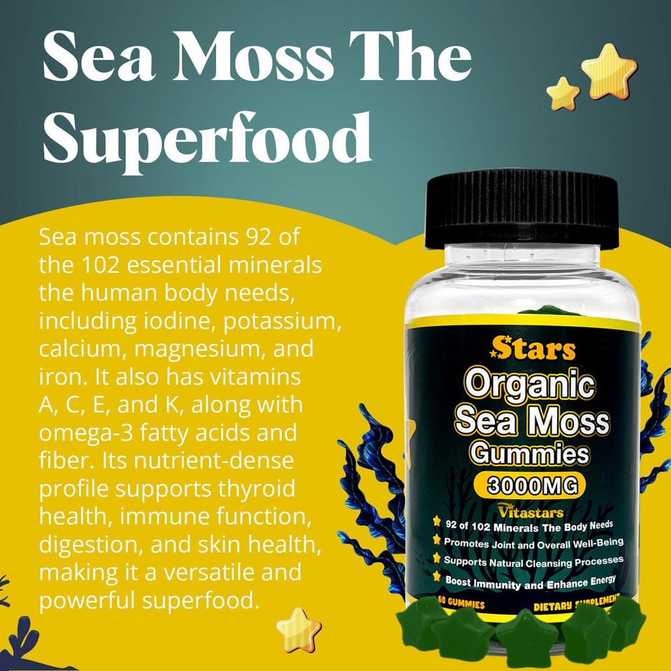 Organic Sea Moss Gummies, Infused With Apple Cider Vinegar, Burdock Root & Bladderwrack, Seamoss Gut Health & Immune Support Supplements For Men And Women, 3000 Mg, 60 Star Shaped Gummies