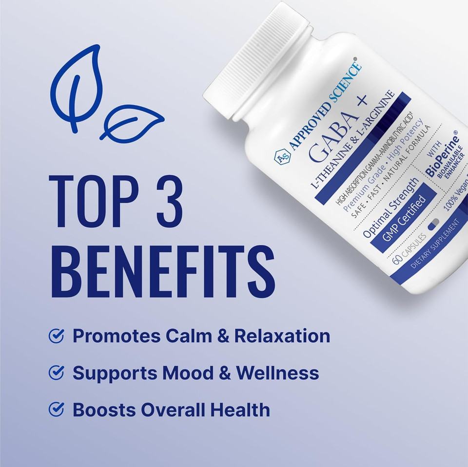 Approved Science Gaba+ - Promote Calm, Improve Sleep, Boost Mood - Gaba, L-Theanine, L-Arginine, Vitamin B6, Bioperine - High Absorption - 360 Capsules - Vegan