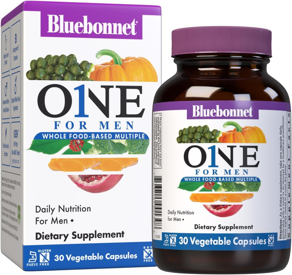Bluebonnet Nutrition One For Men Whole Food-Based Multiple, Daily Nutrition*, Non-Gmo, Vegetarian Friendly, Kosher, Gluten-Free, Soy-Free, Dairy-Free, Iron Free, 60 Vegetable Capsules, 60 Servings