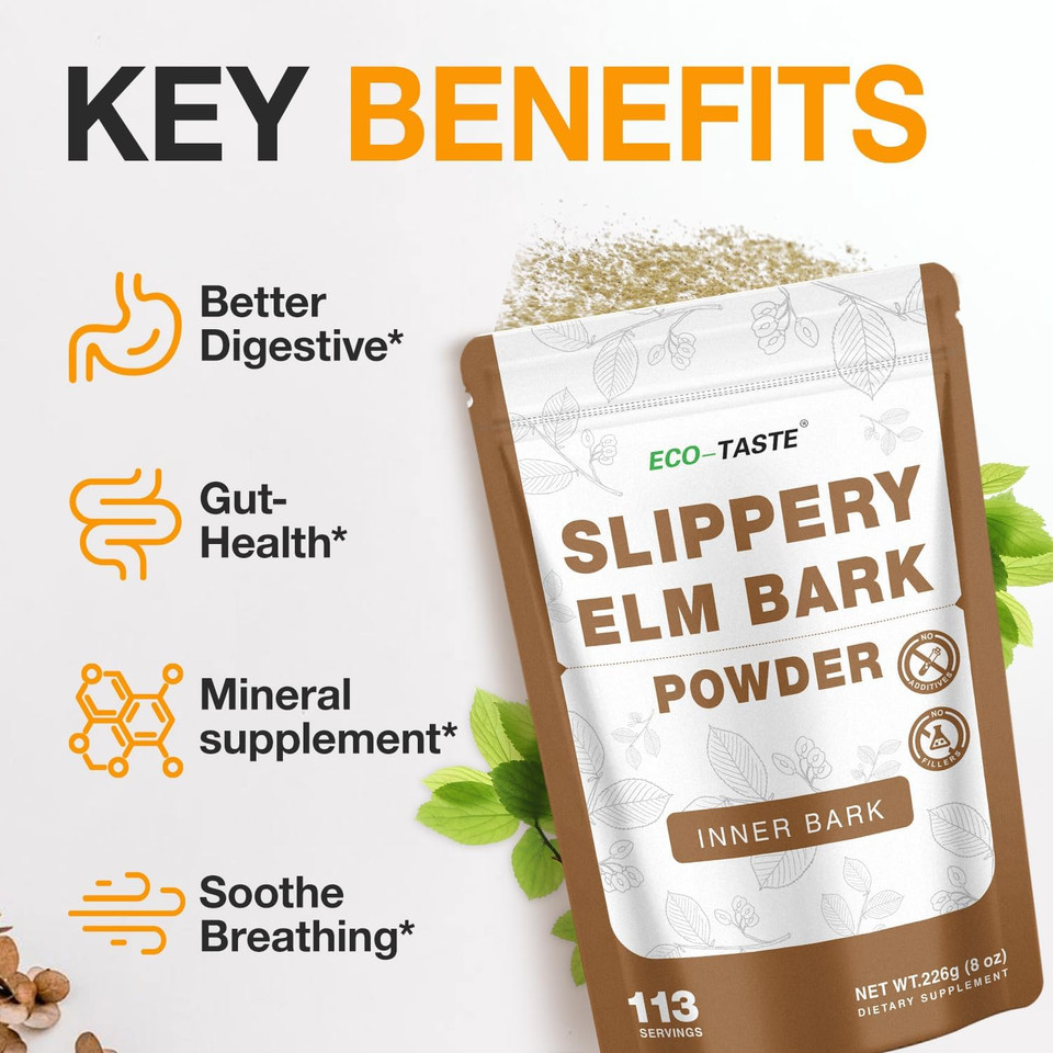 Eco-Taste Slippery Elm Powder For Gut-Health, Pure Inner Slippery Bark Powder 2000Mg Per Serving, Vegetarian - 226 Grams Eco-Taste Slippery Elm Powder For Gut-Health, Pure Inner Slippery Bark Powder 2000Mg Per Serving, Vegetarian - 226 Grams