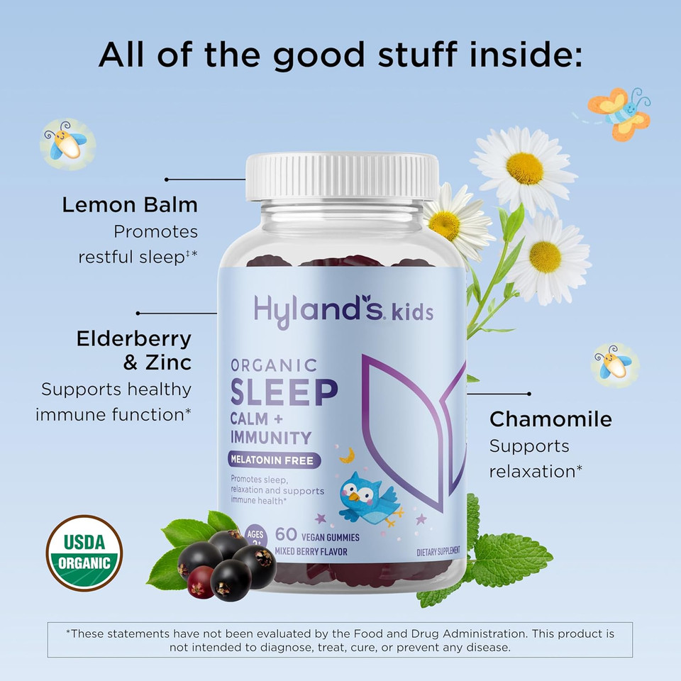 Hyland'S Kids Sleep Calm & Immunity Support With Melatonin, Sleep Aid Gummies With Vitamin C, Zinc, Elderberry & Chamomile, Helps With Sleeplessness And Restlessness, 60 Vegan Gummies