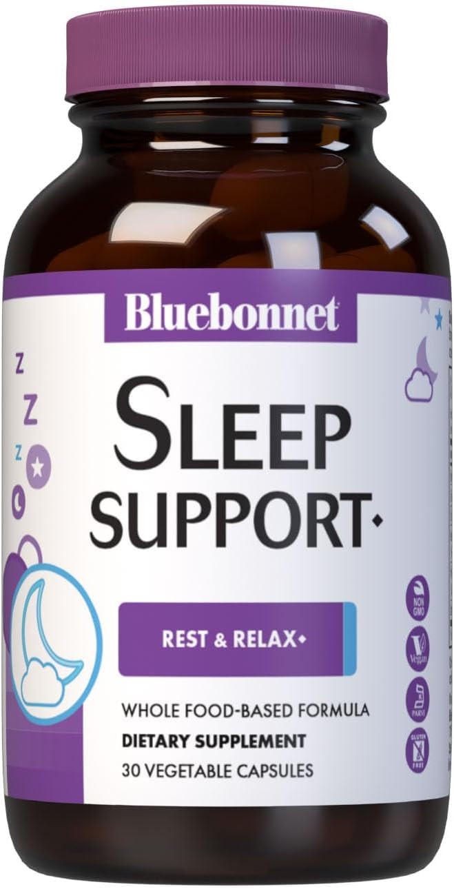 Bluebonnet Nutrition Sleep Support, Rest & Relaxation Whole Food-Based Formula*, Non-Gmo, Vegan, Gluten-Free, Kosher Certified, Soy-Free, Dairy-Free, 60 Vegetable Capsules, 60 Servings