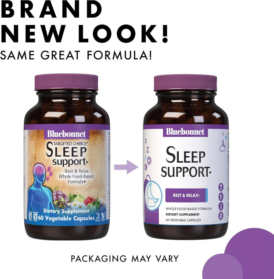 Bluebonnet Nutrition Sleep Support, Rest & Relaxation Whole Food-Based Formula*, Non-Gmo, Vegan, Gluten-Free, Kosher Certified, Soy-Free, Dairy-Free, 60 Vegetable Capsules, 60 Servings