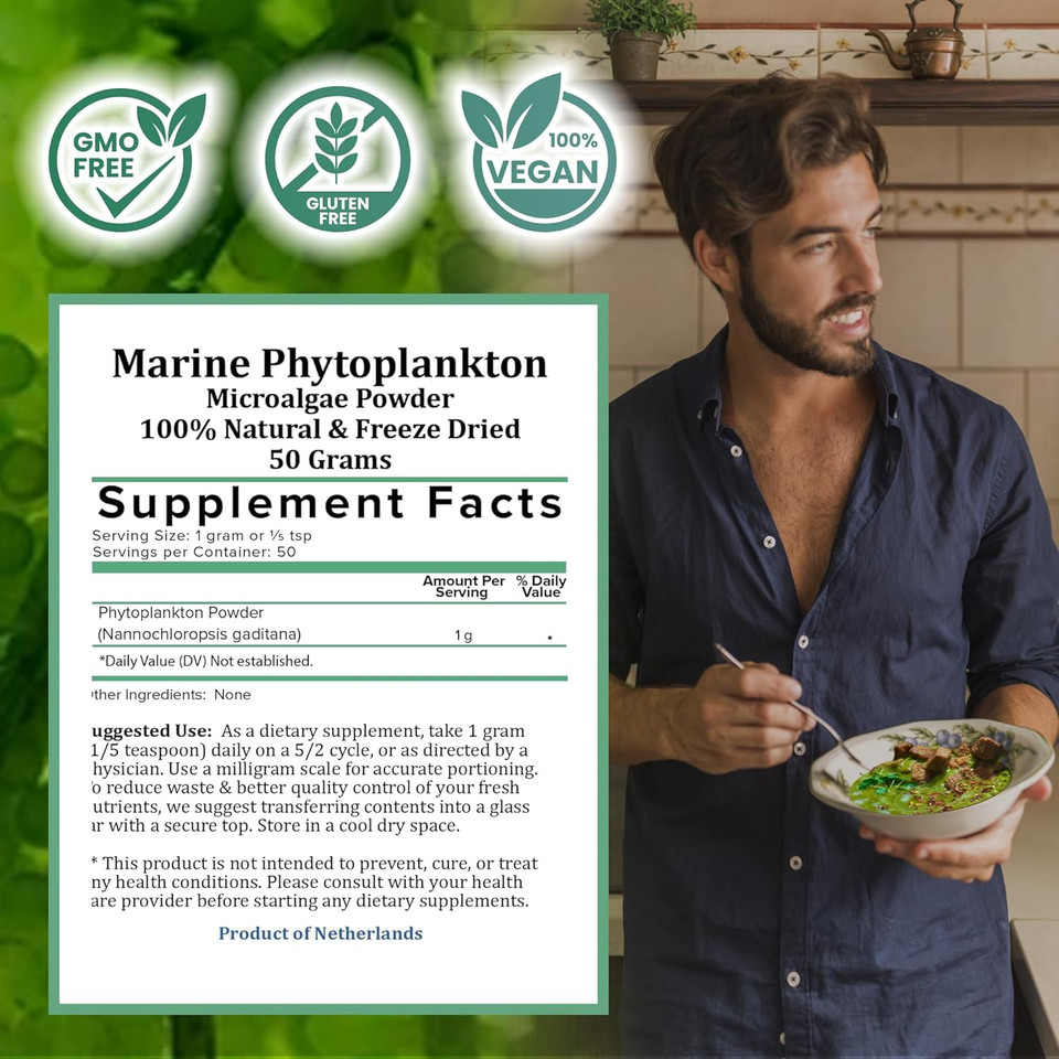 Holistic Bin Marine Phytoplankton Powder  Sustainably Cultivated In Nordic Green Water Farm  Nutrient-Dense Omega-3 Superfood  Rich In Amino Acids, Chlorophyll, Vitamins & Trace Minerals  50 Grams Holistic Bin Marine Phytoplankton Powder  Sustainably Cultivated In Nordic Green Water Farm  Nutrient-Dense Omega-3 Superfood  Rich In Amino Acids, Chlorophyll, Vitamins & Trace Minerals  50 Grams