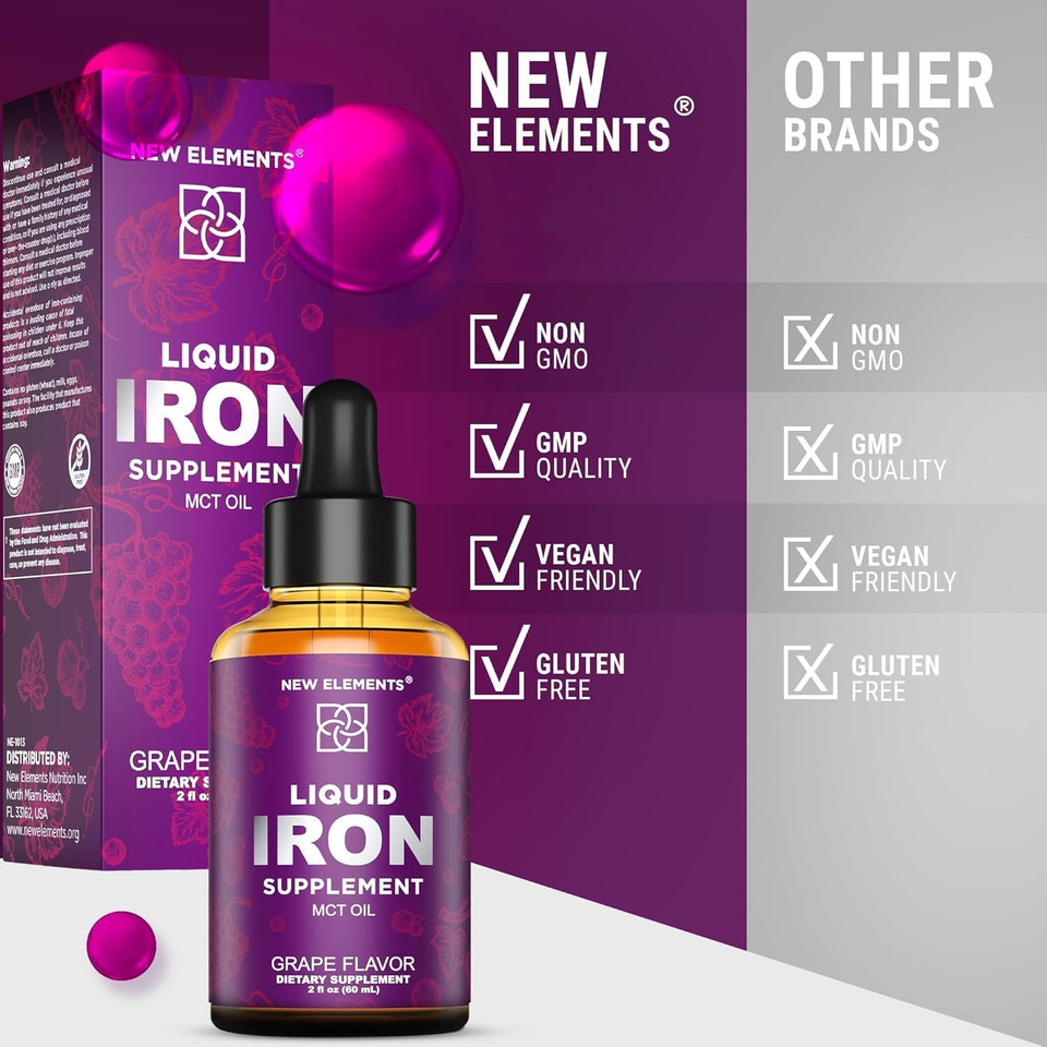 Iron Supplement For Women & Men Free Blood Builder, Iron Vitamin For Anemia | Liquid Iron Drops For Adults With Mct Oil, Natural Grape Flavor, Faster Absorption & Immune Support, 2 Fl Oz