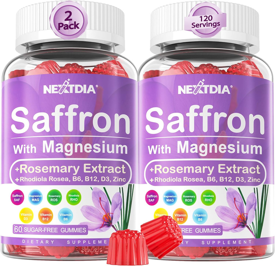 Saffron With Magnesium Glycinate Gummies, 2 Months Supply -Sugar Free Magnesium 400/200Mg W/Saffron,Rhodiola,Rosemary, B6,B12,D3 For S-Leep, Calm,Focus, Relax, Nerve, Melatonin Free Gummies
