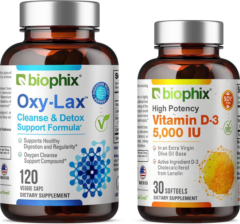 Biophix Oxy-Lax 750 Mg 120 Vcaps - Free Vitamin D-3 5000 Iu 30 Softgels - Natural Magnesium Oxide Oxygen Based Colon Cleanse Gentle Laxative Supports Healthy Digestive Tract Regularity