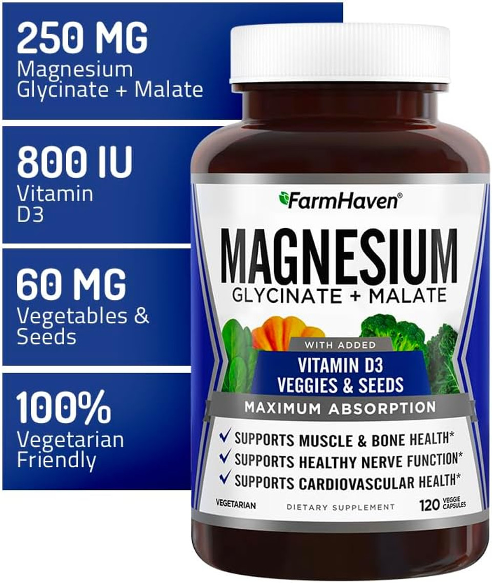Farmhaven Magnesium Glycinate & Malate Complex W/Vitamin D3, 100% Chelated For Max Absorption- Bone Health, Nerves, Muscles, 240 Capsules, 120 Days Farmhaven Magnesium Glycinate & Malate Complex W/Vitamin D3, 100% Chelated For Max Absorption- Bone Health, Nerves, Muscles, 240 Capsules, 120 Days