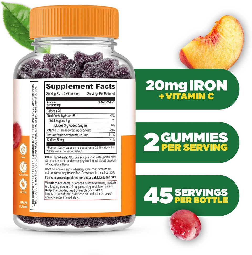 Lifeable Iron Gummies | 20Mg | With Vitamin C | Great Tasting Blood Builder Iron Supplement | Iron With Vitamin C For Iron Deficiency | Iron Gummies For Women, Men, Adults | 90 Gummies