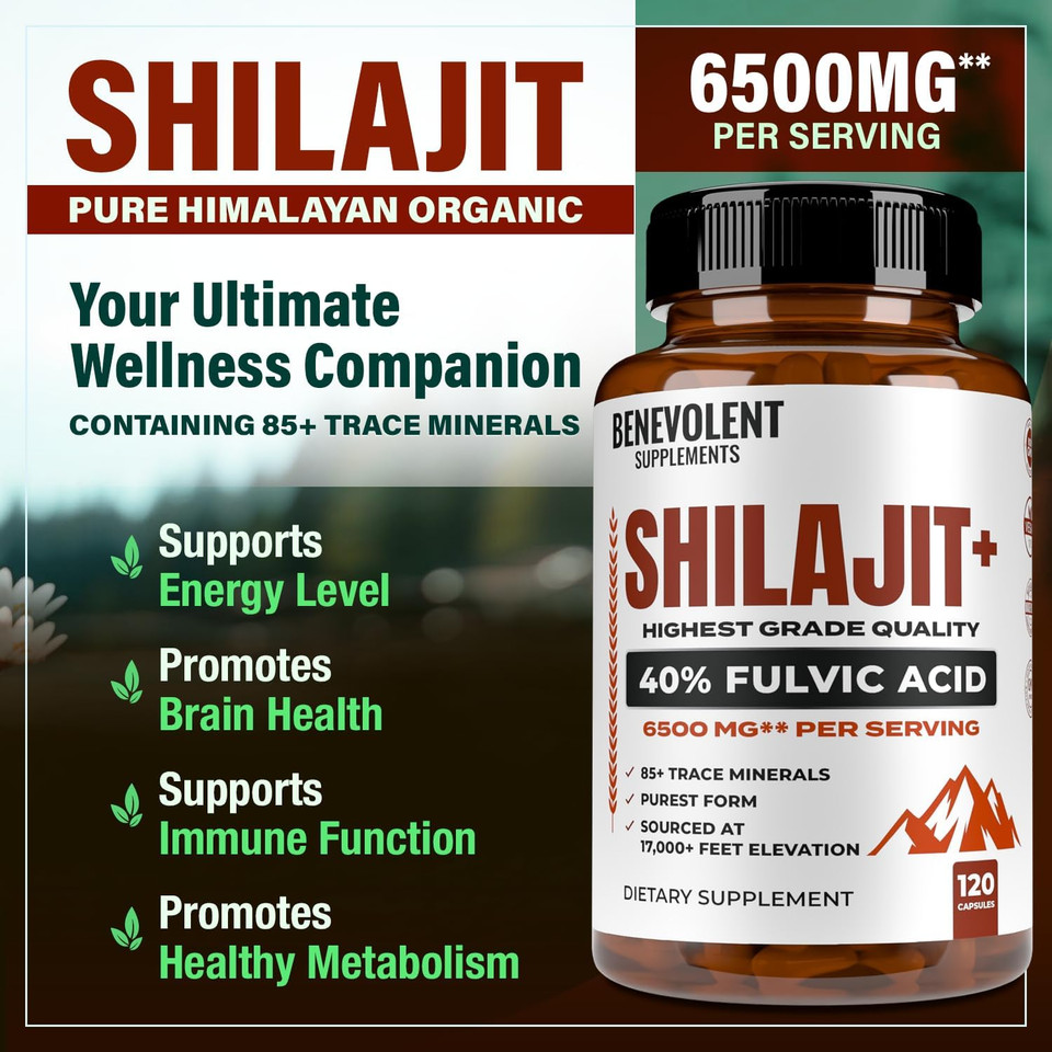 6,500Mg Shilajit Supplement With 40% Fulvic Acid (High Absorption) | Shilajit Mineral Supplement With 85+ Trace Minerals For Energy, Performance & Immune Health - 120 Capsules