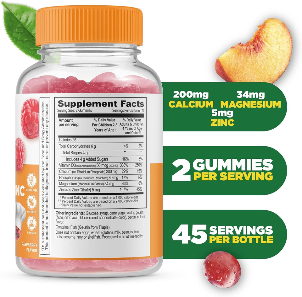 Lifeable Kids Calcium Magnesium Zinc Gummies | Calcium With Vitamin D3 | Great Tasting Calcium Supplements For Kids | Calcium Gummies For Bone Health | 90 Gummies