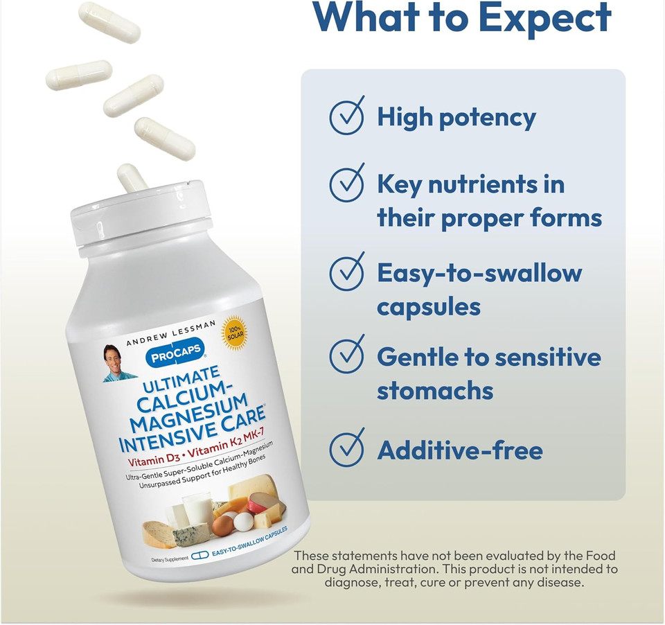 Andrew Lessman Ultimate Calcium-Magnesium Intensive Care With Vitamin D3 & K2 Mk7-120 Mcg - 180 Capsules  Bone And Skeleton Health Essentials. Gentle, Easy To Swallow, Super Soluble. No Additives