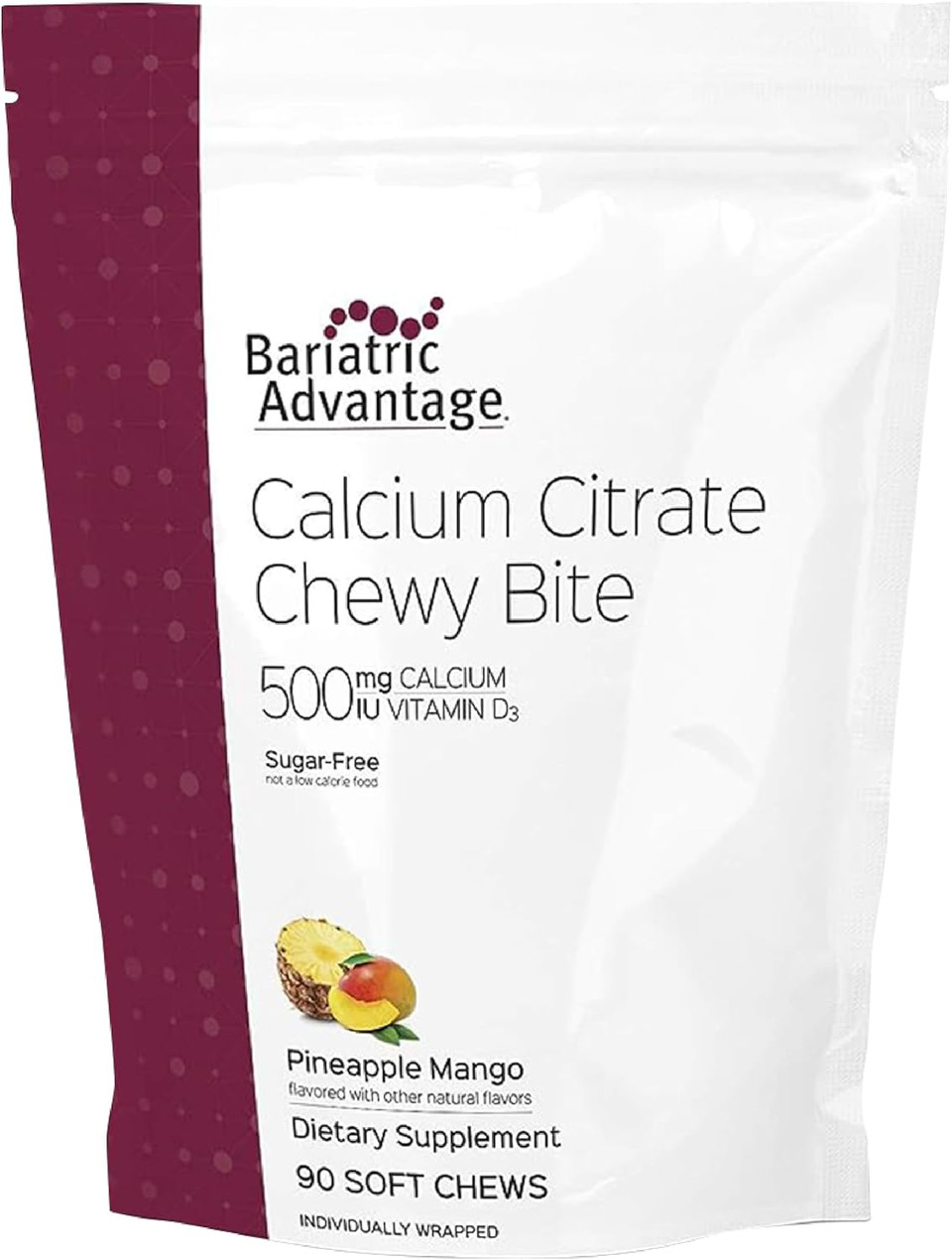 Bariatric Advantage Calcium Citrate Chewy Bites 500 Mg - For Bariatric Surgery Patients - Vitamin D3 - Sugar-Free Chewable Calcium Supplement - Bariatric Chews - Pineapple Mango - 90 Count