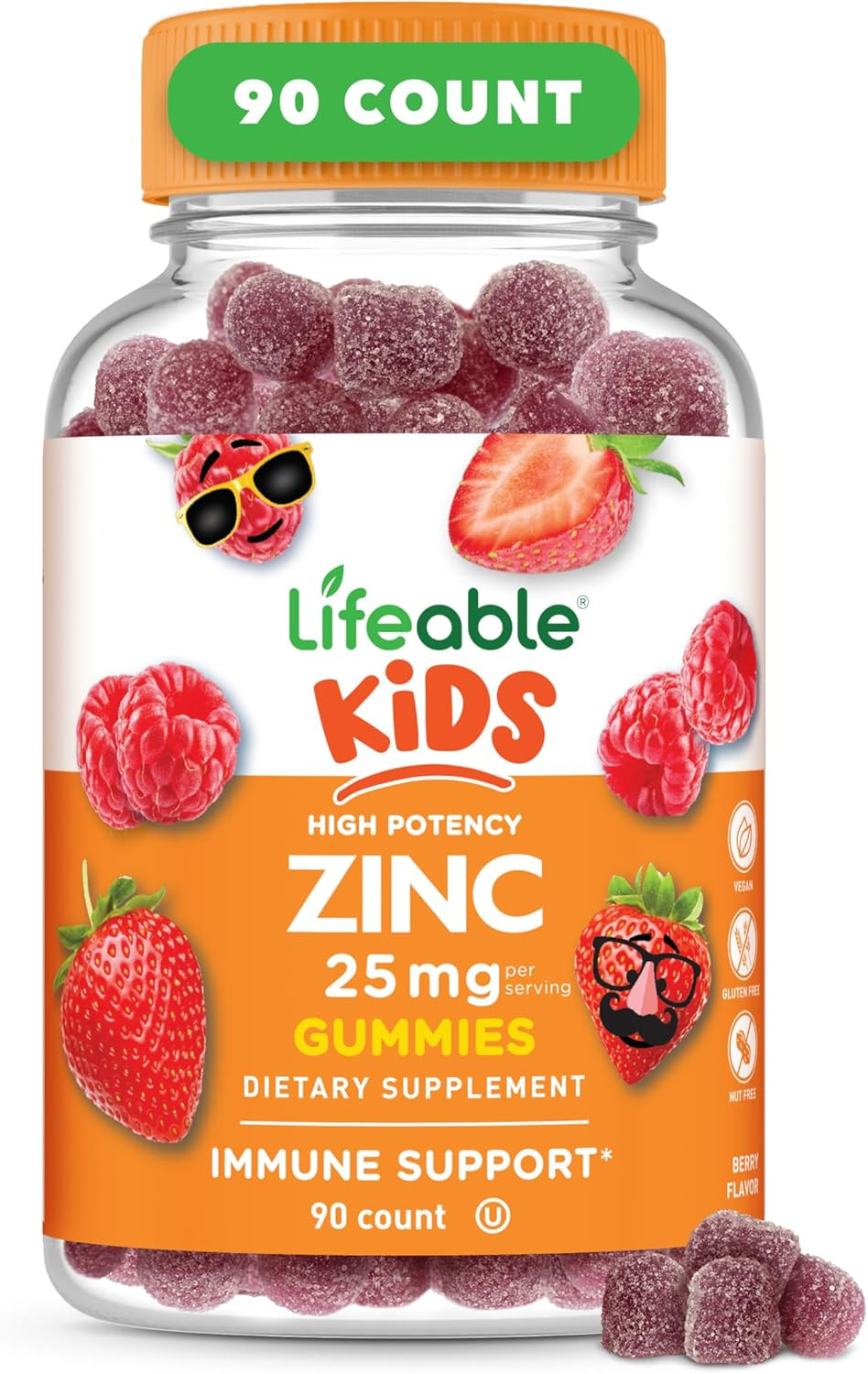 Lifeable Zinc For Kids | 25Mg | Great Tasting Natural Flavored Zinc Gummies | Gluten Free Vegetarian Non Gmo Zinc Supplements | Kids Zinc For Immune Support | 90 Gummies
