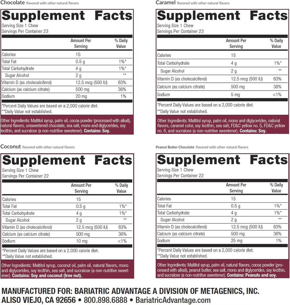 Bariatric Advantage Calcium Citrate Chewy Bites 500 Mg - For Bariatric Surgery Patients - Vitamin D3 - Sugar-Free Chewable Calcium Supplement - Bariatric Chews - Assorted Sweet Flavor - 90 Count Bariatric Advantage Calcium Citrate Chewy Bites 500 Mg - For Bariatric Surgery Patients - Vitamin D3 - Sugar-Free Chewable Calcium Supplement - Bariatric Chews - Assorted Sweet Flavor - 90 Count