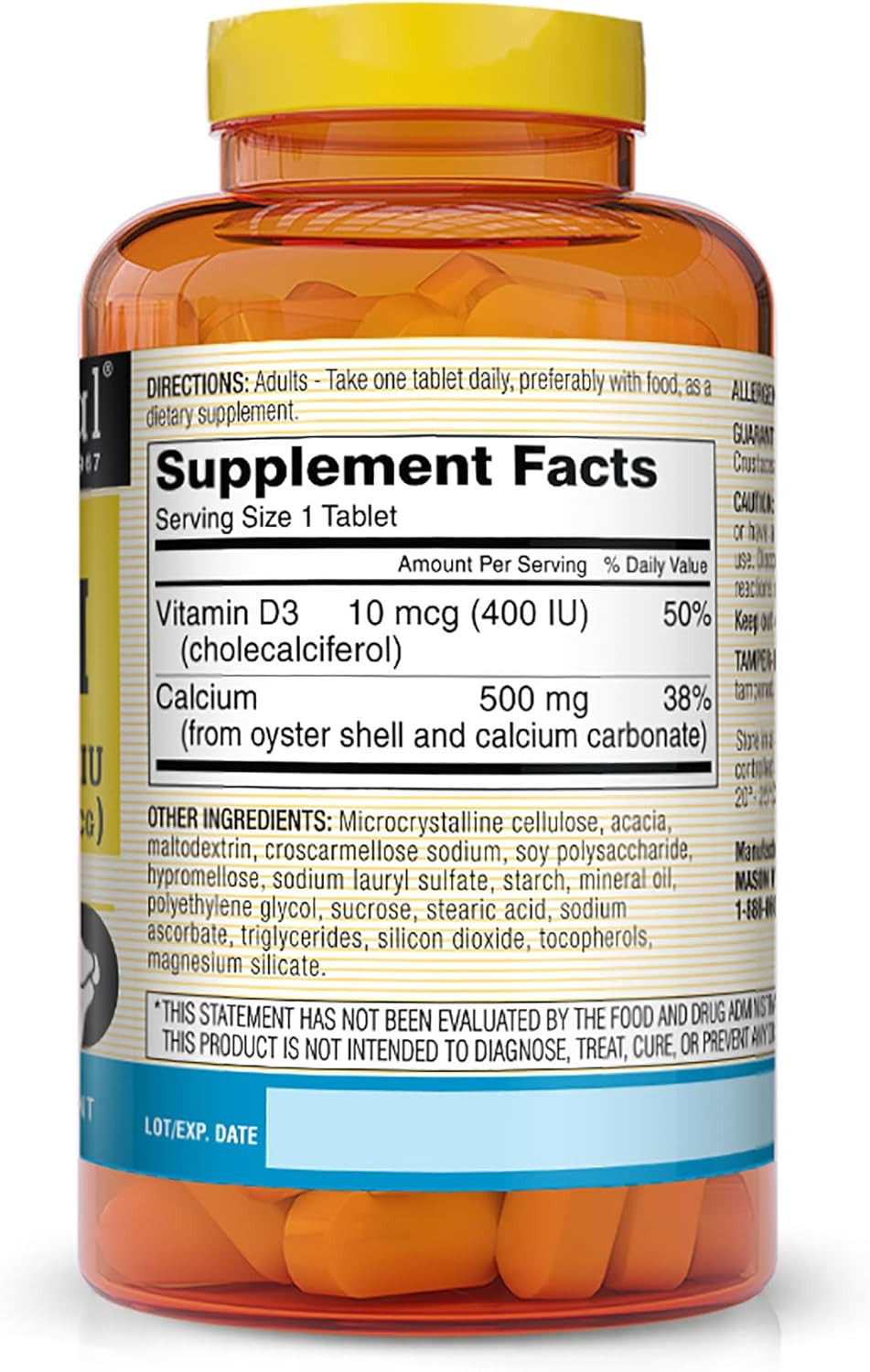 Mason Natural Calcium 500 Mg (Oyster Shell) With Vitamin D3 To Support Normal Bone And Muscle Function, 250 Tablets
