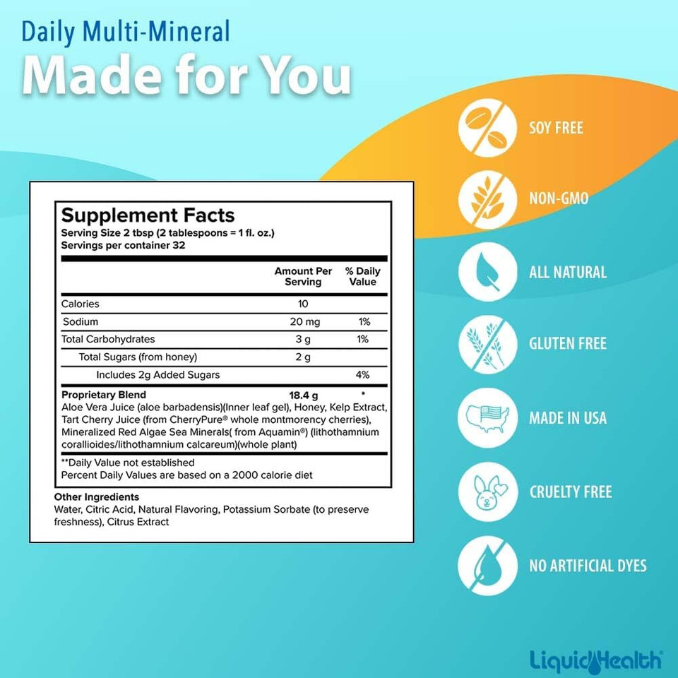 Liquidhealth Daily Multi Mineral Liquid Supplement With Fulvic Acid, Plant Based Ionic Aquamin Sea Trace Ocean Minerals - Immune Support, Energy, Gut Health, Detox - Made In Usa, Vegetarian (32 Oz)