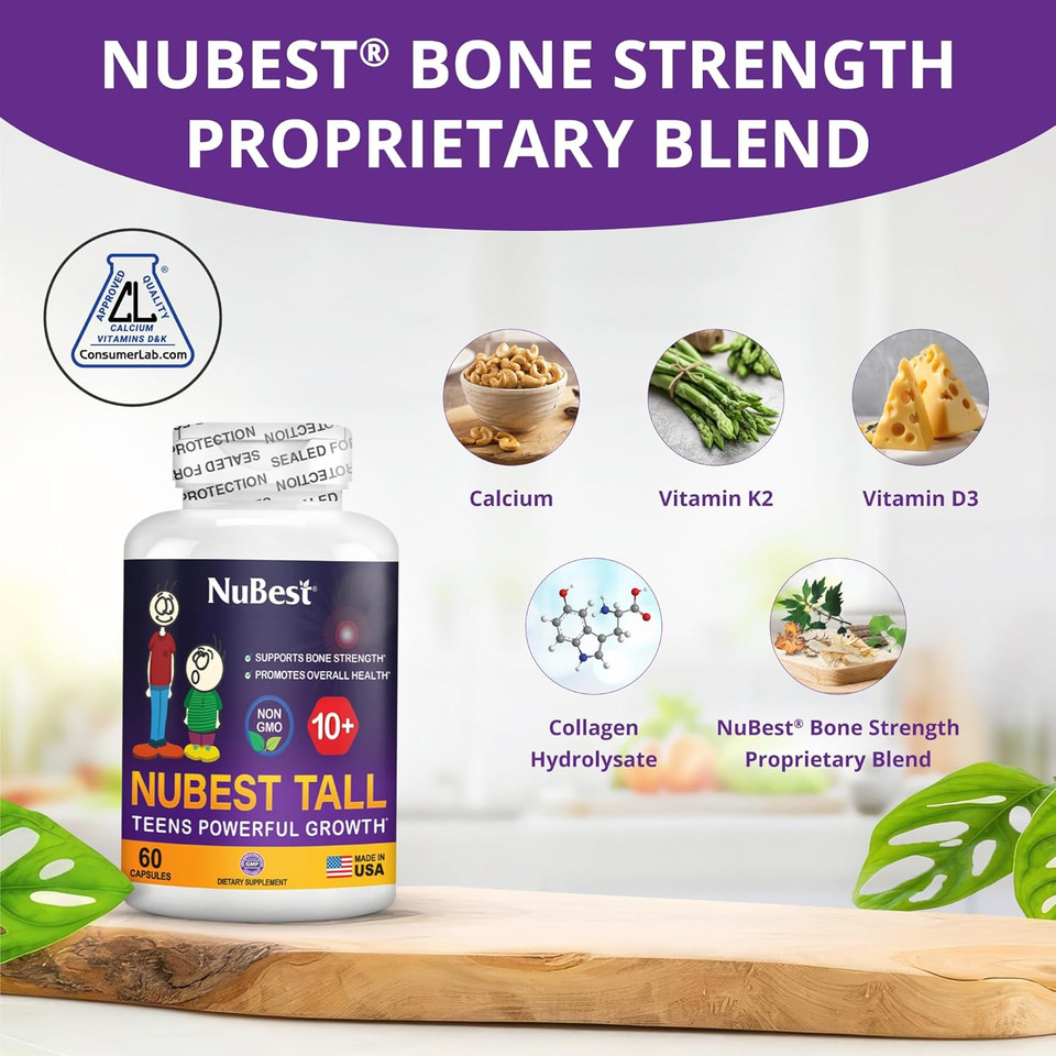 Nubest Tall 10+ Premium Bone Strength Formula, Enhanced Immunity And Overall Health For Age 10+ With Calcium, Vitamin D3, Vitamin K2, And Multivitamins | 60 Capsules | 1 Month Supply