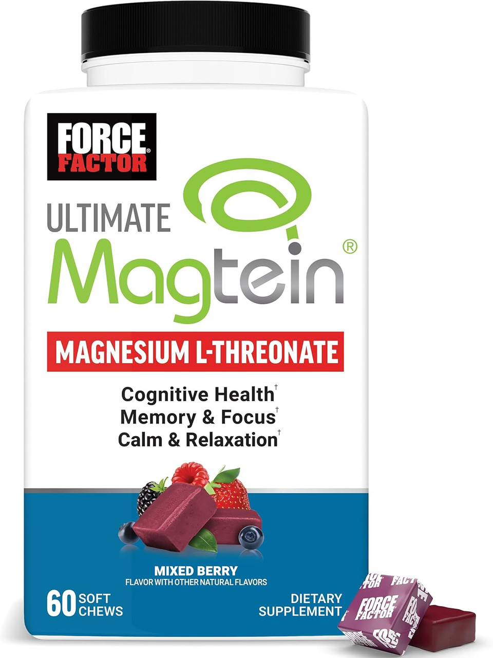 Force Factor Ultimate Magtein Magnesium L-Threonate 2000Mg, Support Cognitive Function, Focus, Memory & Relaxation, Magnesium Threonate, Mixed Berry, 60 Soft Chews