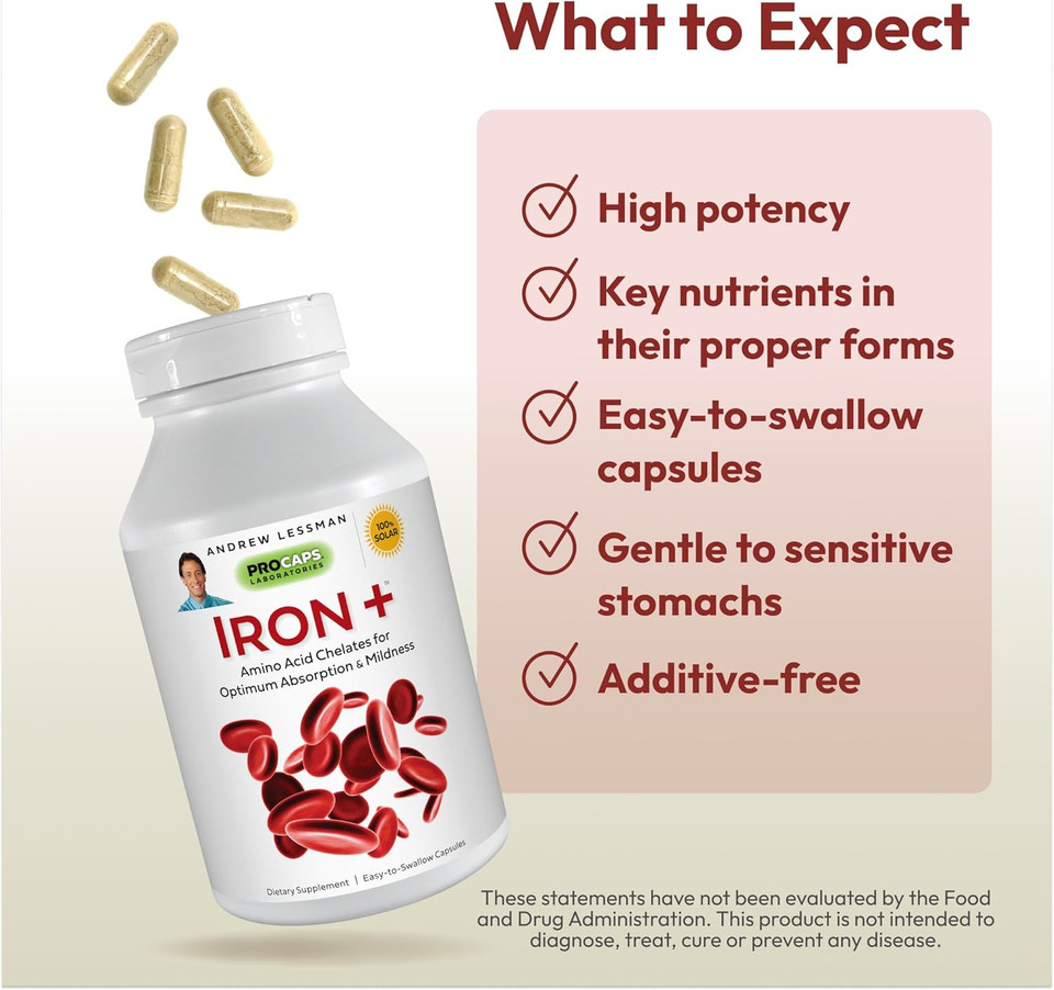 Andrew Lessman Iron Plus 180 Capsules - 18Mg Iron, 100% Pure Amino Acid Chelated Iron (Glycinate, Aspartate), Plus Vitamin C For Increased Absorption, Small, Easy To Swallow Capsules, No Additives
