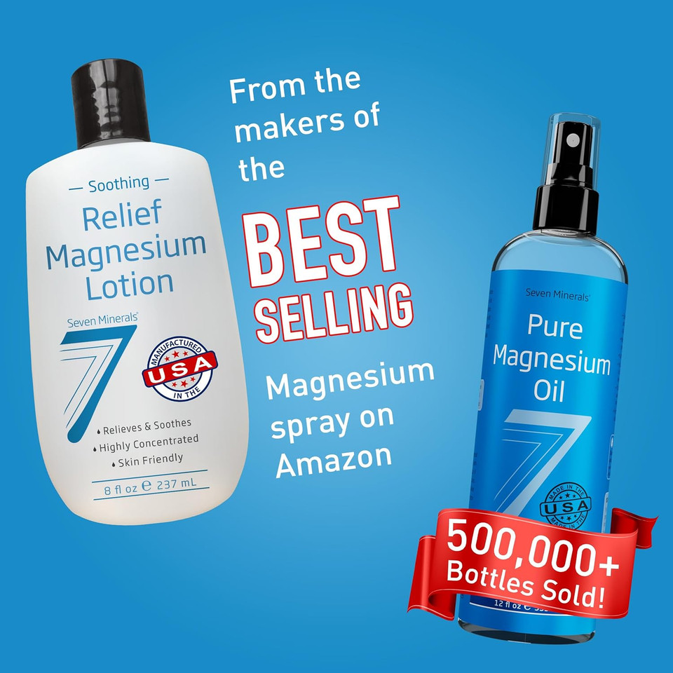 Seven Minerals Magnesium Lotion For Sleep, Soothing Relief & Relaxation - Highly Concentrated Magnesium For Better Sleep, Feet & Joint Care. Non-Greasy Lotion With Skin Friendly Ingredients - 8 Fl Oz