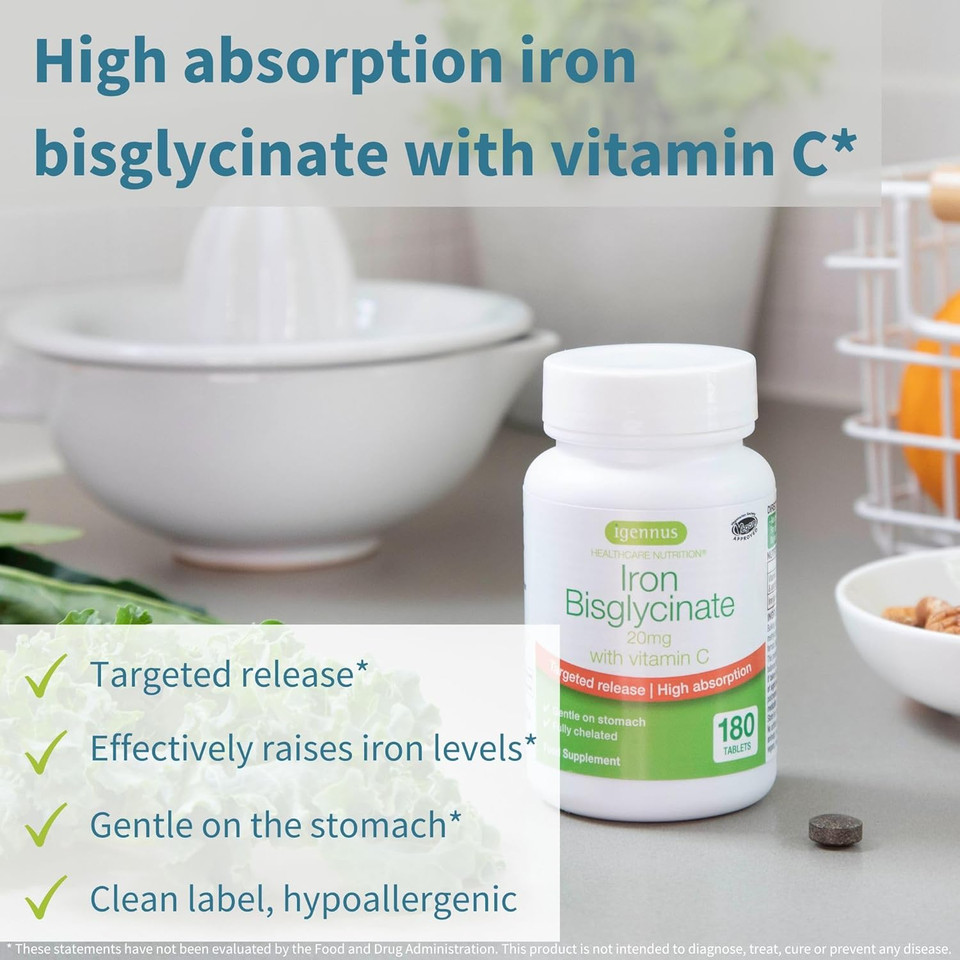 Igennus High Absorption Chelated Iron Bisglycinate 20Mg, Vitamin C, 6 Month Supply, Gentle Formula, Clean Label & Targeted Release Ferrous Bisglycinate For Women And Men, One Daily, Vegan, 180 Tablets