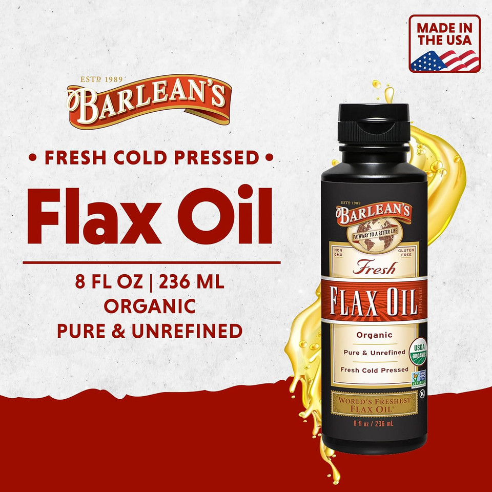 Barlean'S Organic Flaxseed Oil Liquid From Fresh Cold Pressed Flax Seeds, 7,640Mg Ala Omega 3 Fatty Acid Supplement For Skin And Hair Care, Vegan & Gluten Free, 8 Oz