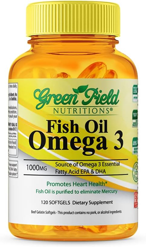 Greenfield Nutritions Halal Fish Oil 1000Mg, 300Mg Halal Omega 3, Small Wild Peruvian Fish Oil Halal Vitamins, Epa 180 Mg & Dha 120Mg, Non-Gmo, Gluten Free, Support Brain & Heart Health, 120 Pills