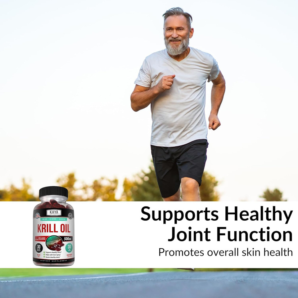 Kaya Naturals - Antarctic Krill Oil 500Mg With Omega 3, Epa, Dha, Phospholipids & Astaxanthin Supplement - Brain & Health Vitamin - Anti Aging Supplement - 60 Count Softgels