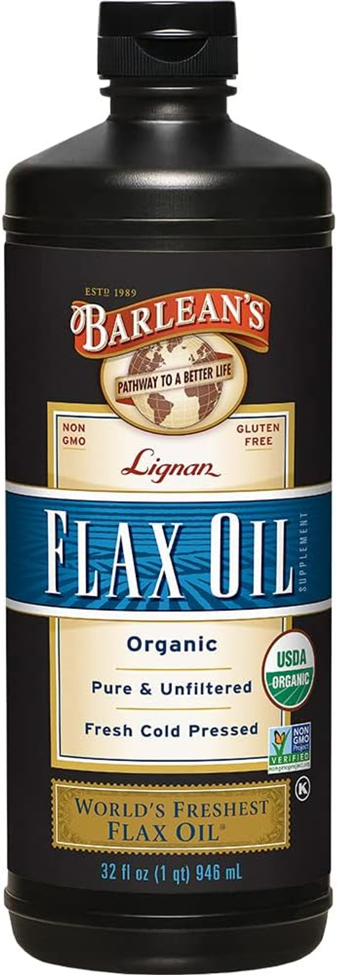 Barlean'S Organic Lignan Omega 3 Flaxseed Oil Liquid Supplement For Men And Women, Cold Press Flax Seeds, 7230Mg Ala Fatty Acid, Vegan And Gluten Free, 16 Oz