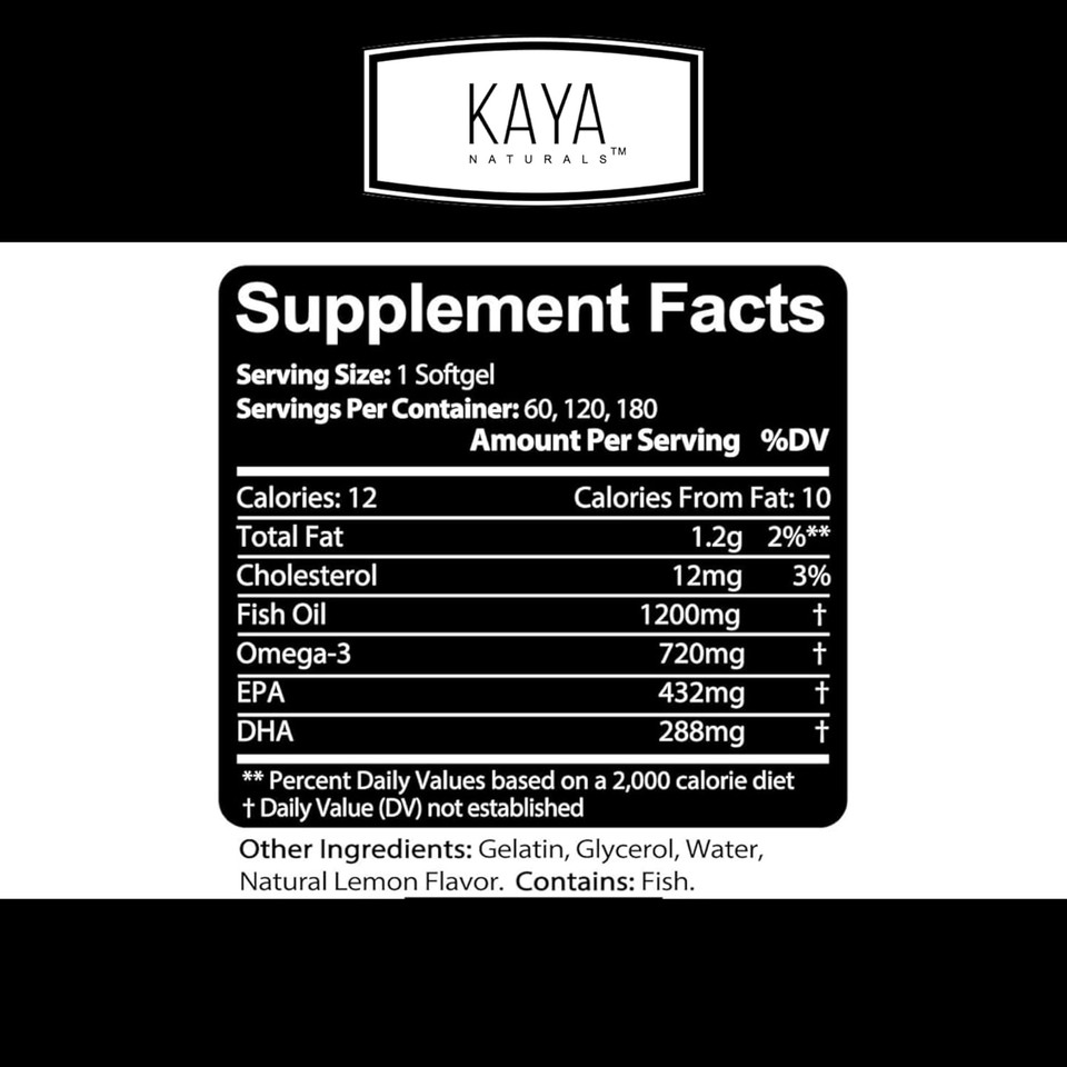 Kaya Naturals Omega 3 Supplement - Nature Made Omega 3 Fish Oil - 100% Pure Sea-Harvested Pelagic Fish Oil With No Fishy Aftertaste - 60 Count Softgels