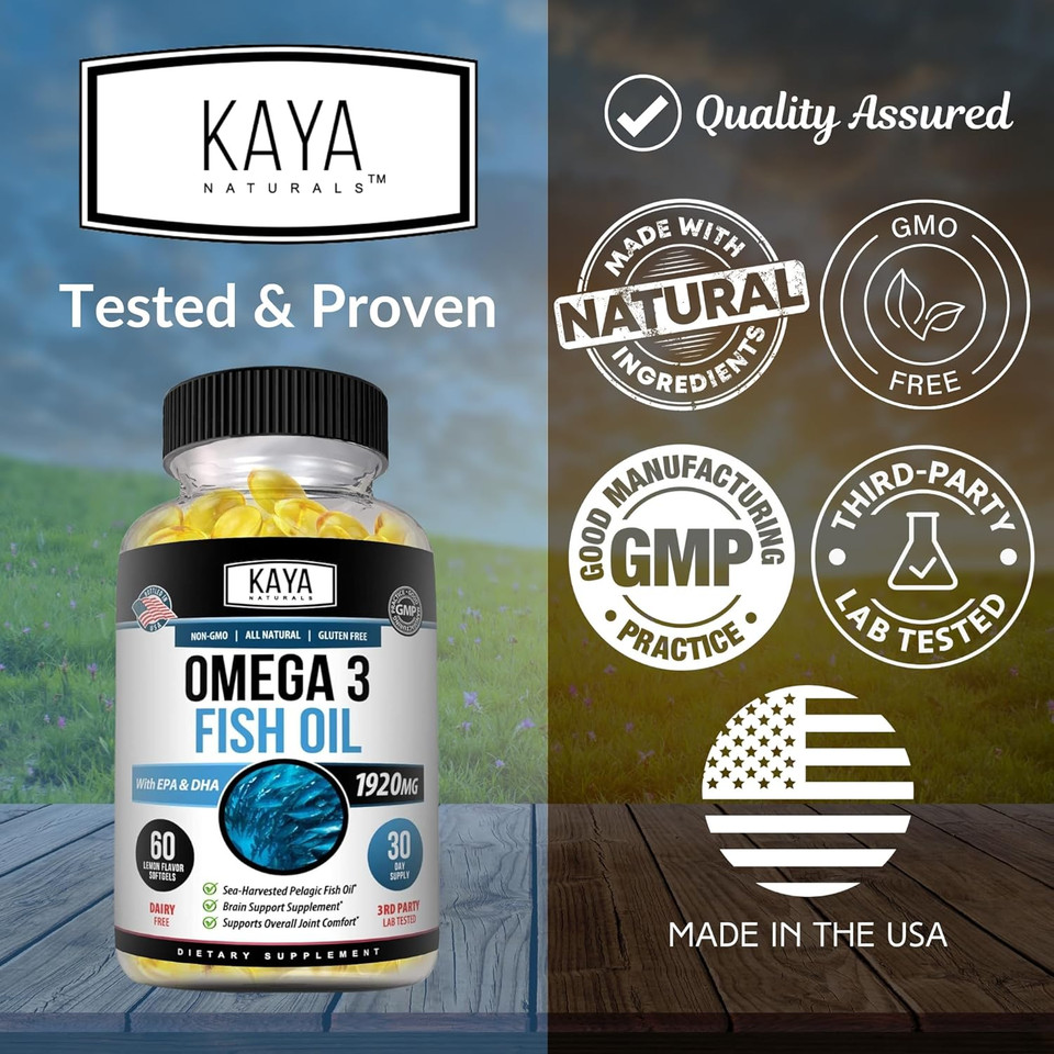 Kaya Naturals Omega 3 Supplement - Nature Made Omega 3 Fish Oil - 100% Pure Sea-Harvested Pelagic Fish Oil With No Fishy Aftertaste - 60 Count Softgels