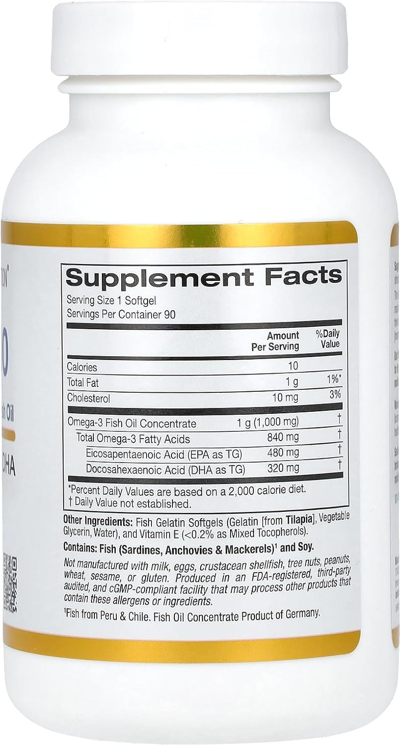 California Gold Nutrition Omega 800 Ultra-Concentrated Omega-3 Fish Oil, Kd-Pur Triglyceride Form, 90 Fish Gelatin Softgels (1,000 Mg Per Softgel)